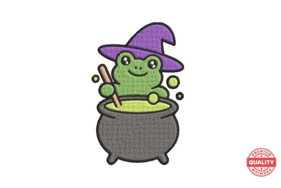 Green Witch Frog Embroidery Design