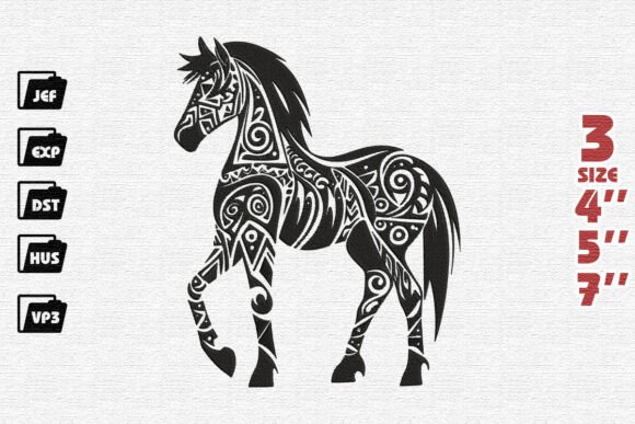 Intricate Black Tribal Horse Embroidery Design
