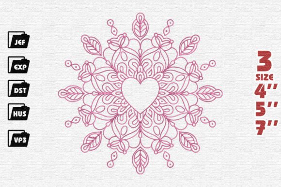 Lacy Pink Heart Mandala Embroidery Design